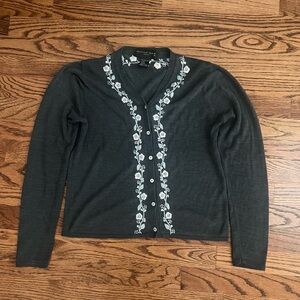 August Silk Gray Embroidered Cardigan Sweater (100% Silk) - Medium